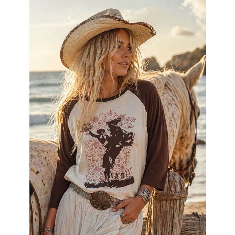 Ariat Coastal Cowgirl Cream and Brown Western Graphic Raglan Long Sleeve Tee